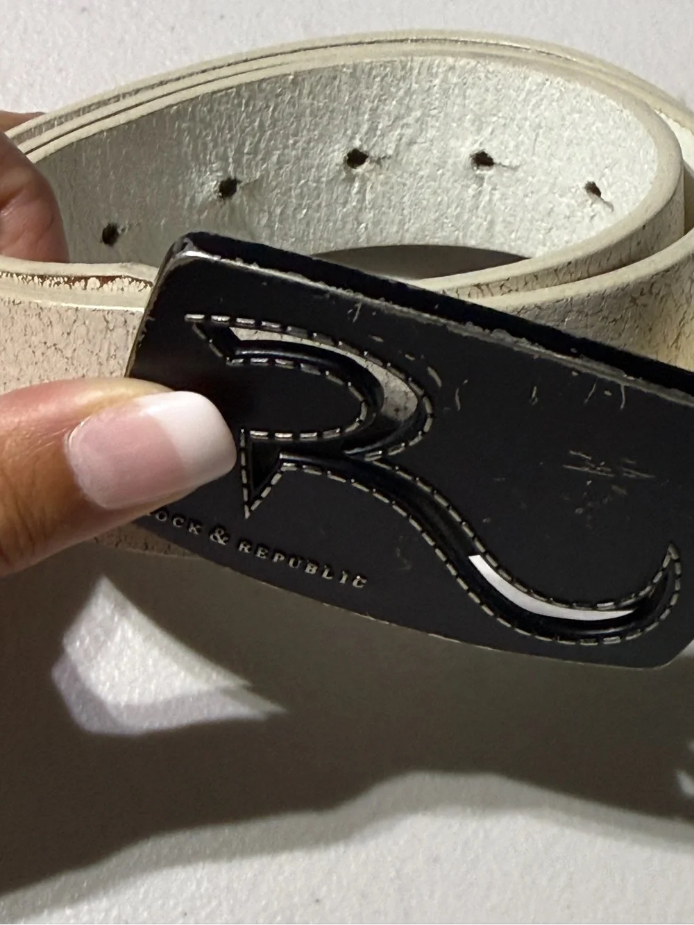 GUC Rock&Republic Men’s Belt Size M32-34 Ivory Leather With Black Buckle